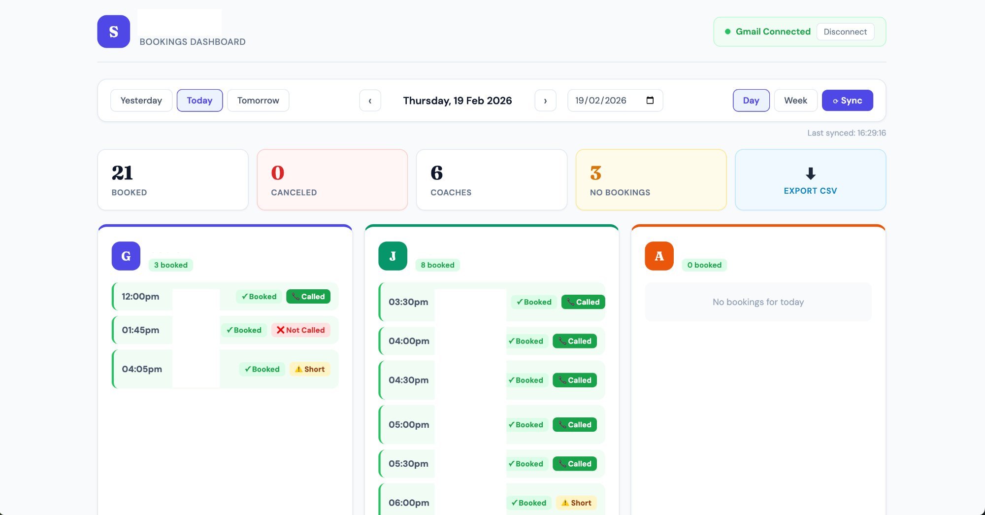 Bookings Dashboard — Week View showing all 6 coaches with booked and done counts per day
