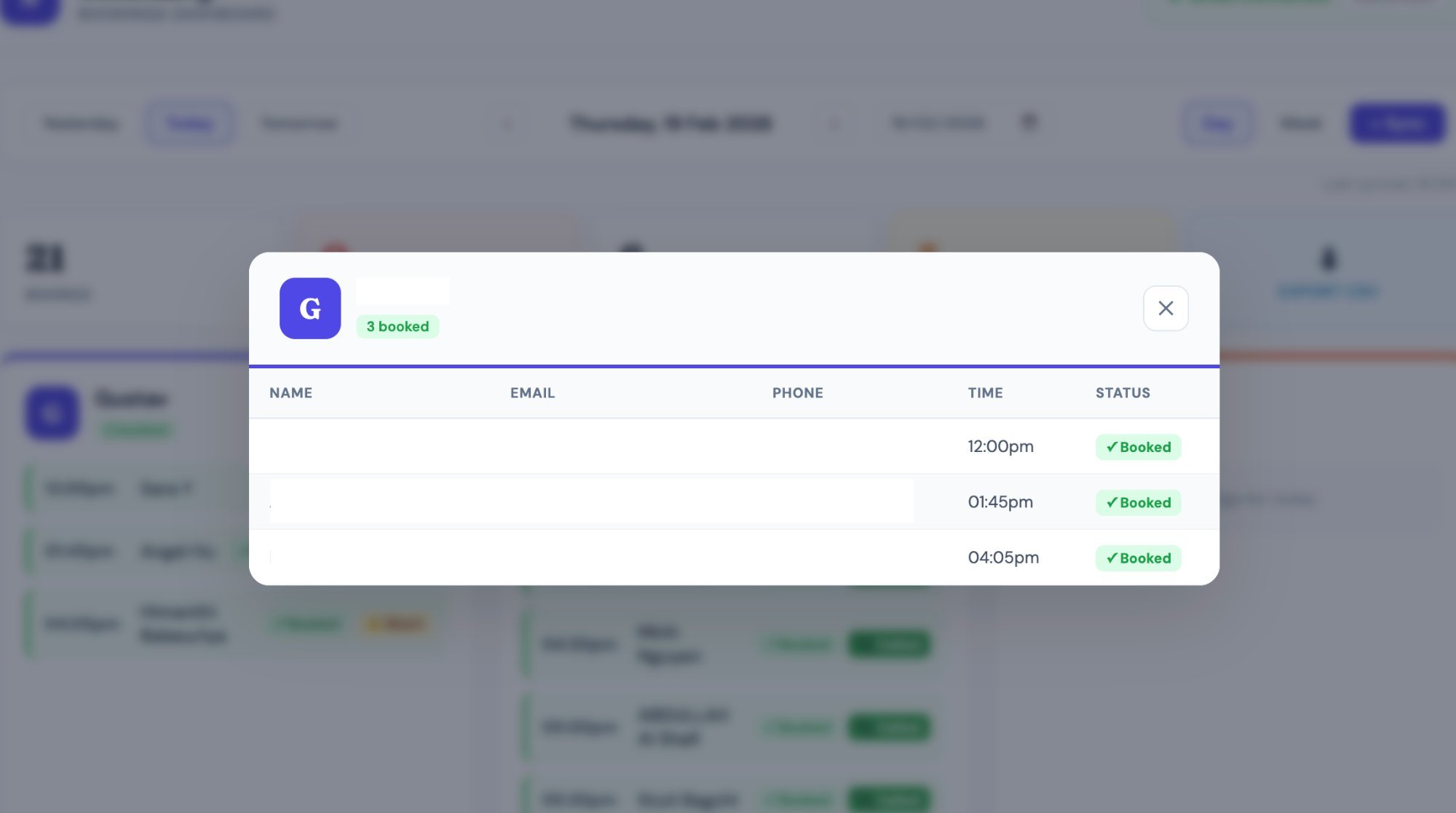 Bookings Dashboard — Booking detail modal showing parent name, email, phone, time and status