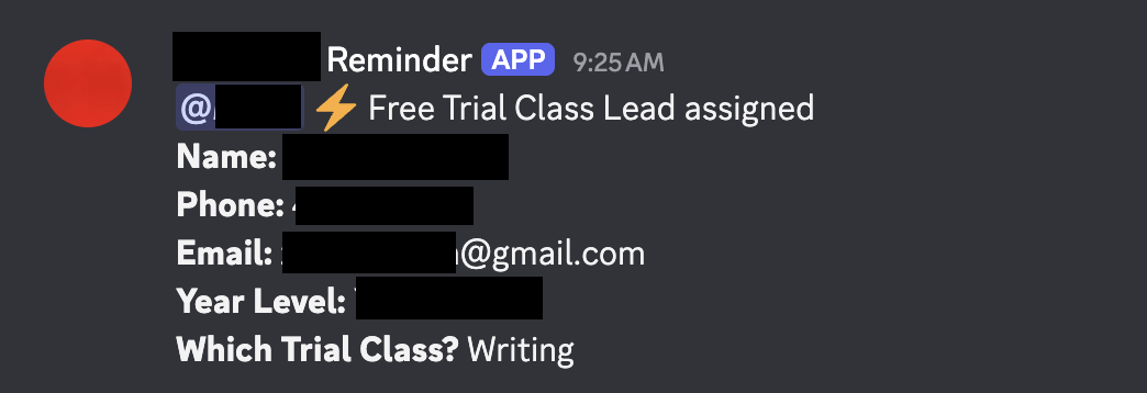 Discord message showing a clean Free Trial Class Lead assignment with no prior history, tagging the assigned caller with name, phone, email, year level and requested class
