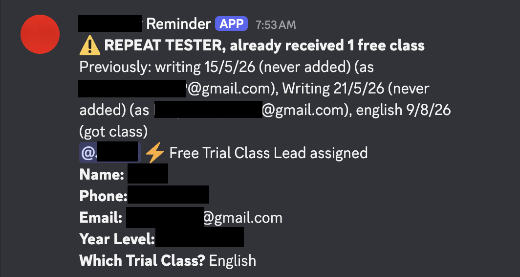 Discord message with a red warning reading REPEAT TESTER already received one free class, listing prior signup history, above the Free Trial Class Lead assignment